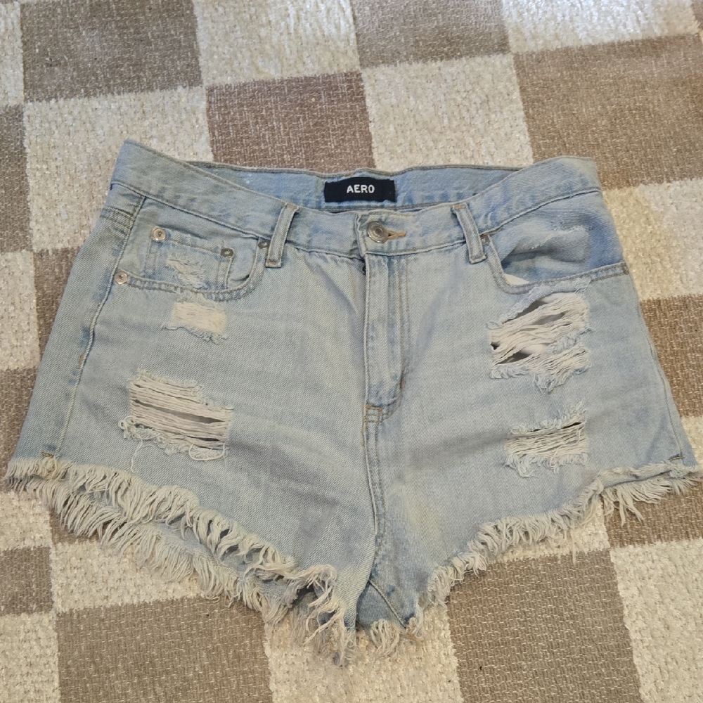 Light Blue Distressed High Rise Denim Shorts